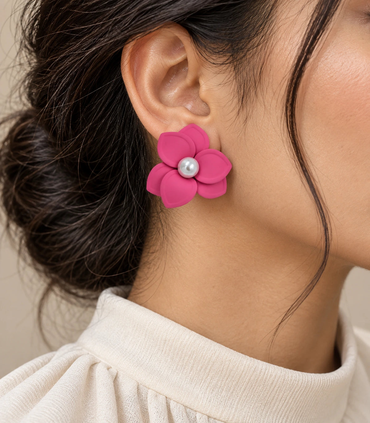 JIMIKI Pink Triple Petal Pearl Flower Stud Earrings - earring worn in editorial styling #color_pink