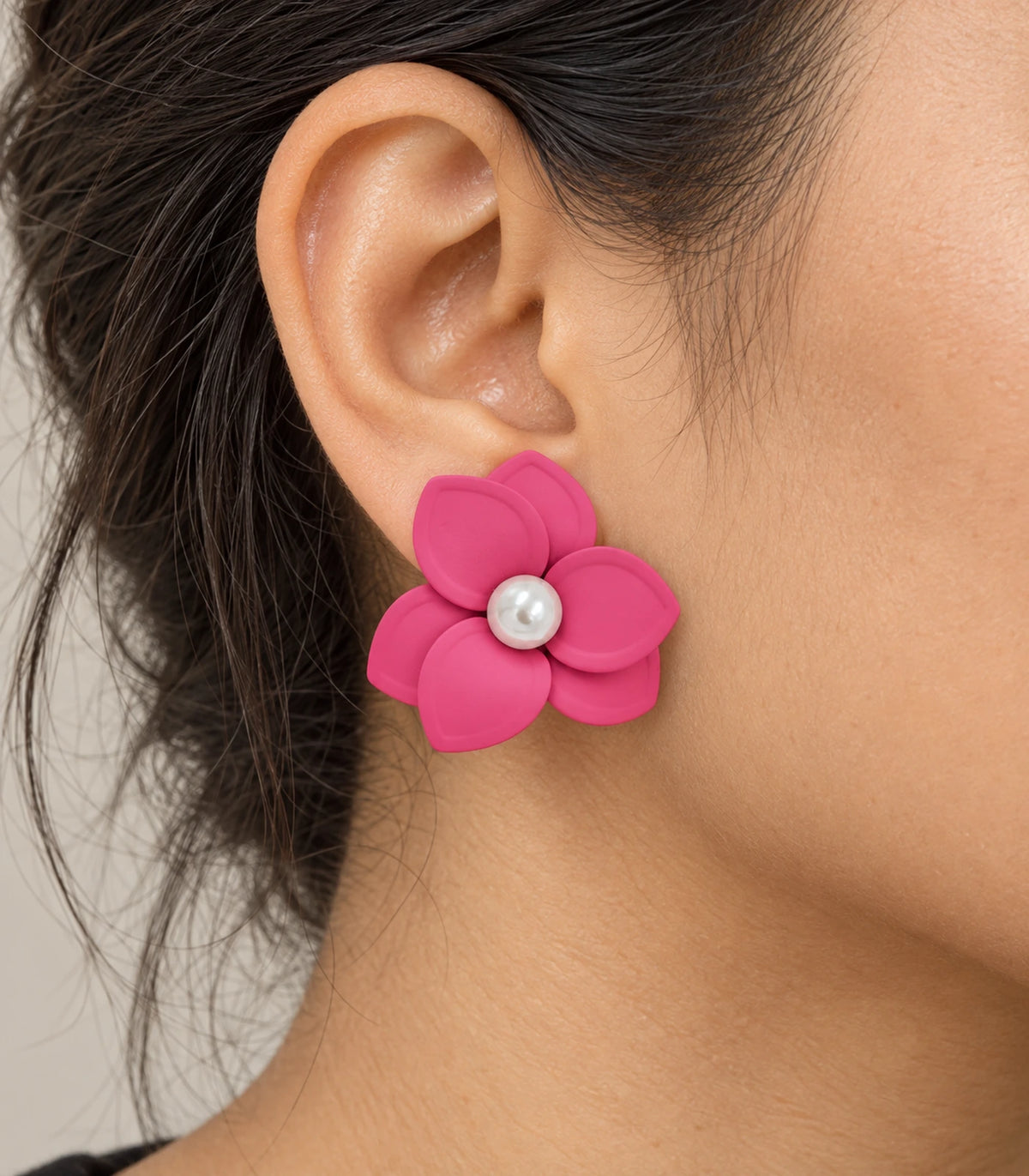 JIMIKI Pink Triple Petal Pearl Flower Stud Earrings - earring worn on model #color_pink