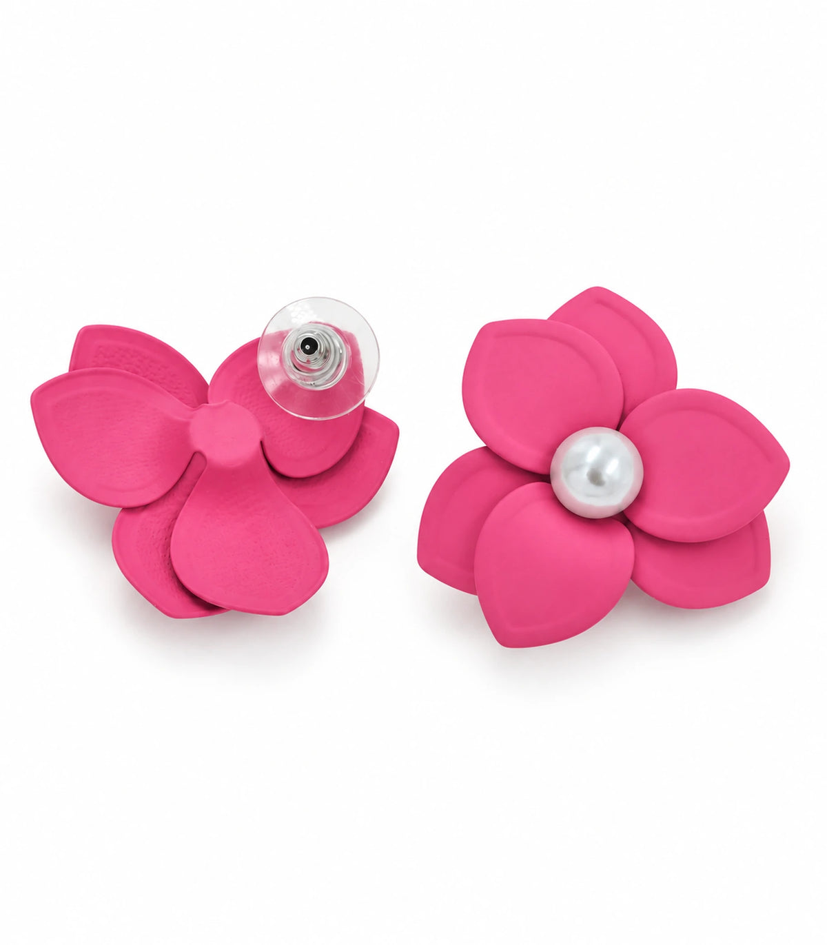 JIMIKI Pink Triple Petal Pearl Flower Stud Earrings - pair on white background #color_pink