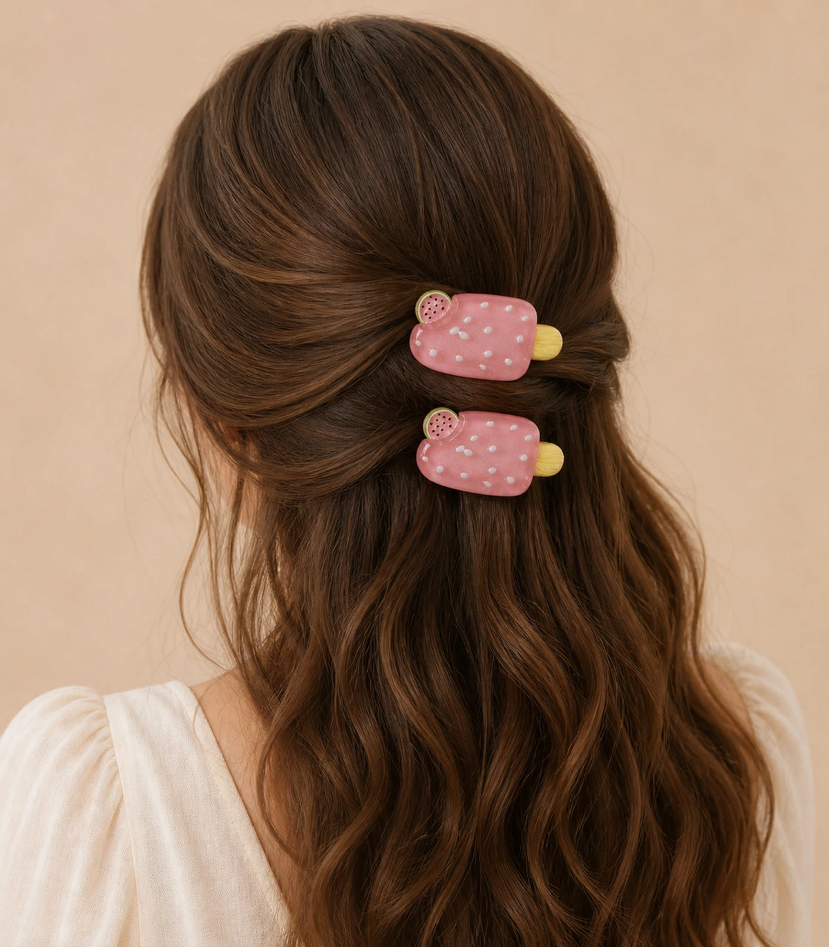 Editorial model view of the Pink Watermelon Popsicle Clip Pair