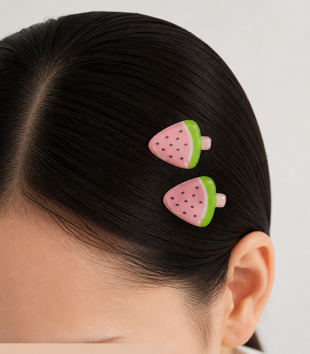 Pink Watermelon Wedge Barrette Pair worn in hair