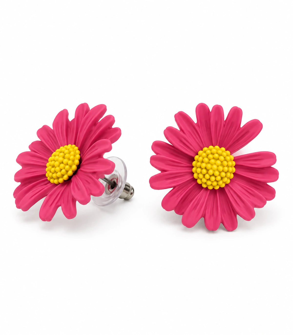 JIMIKI Pink yellow centre daisy stud earrings, matching pair on a white background #color_pink