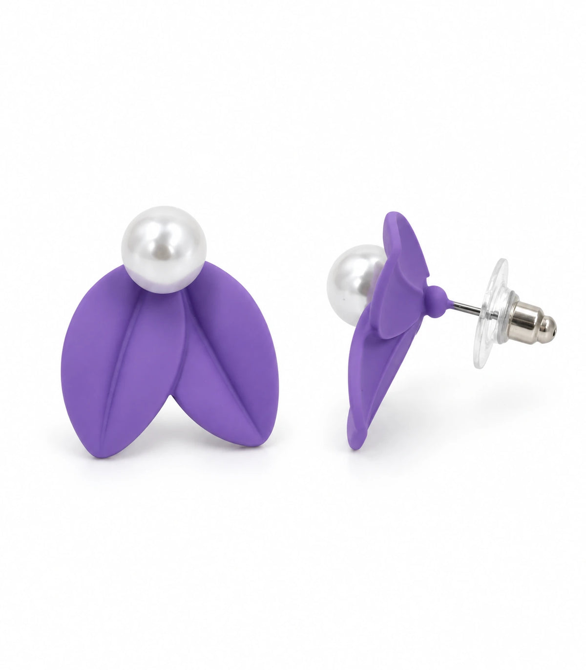 JIMIKI Double Leaf Pearl Stud Earrings in Purple — pair on white background #color_purple