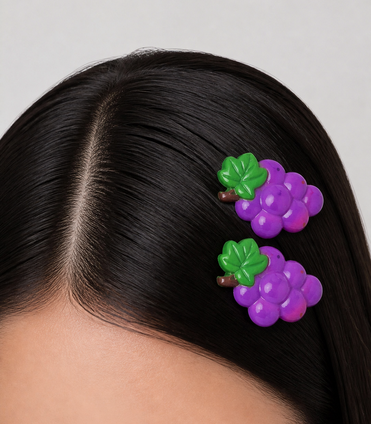 Purple Grape Barrette Pair worn in hair