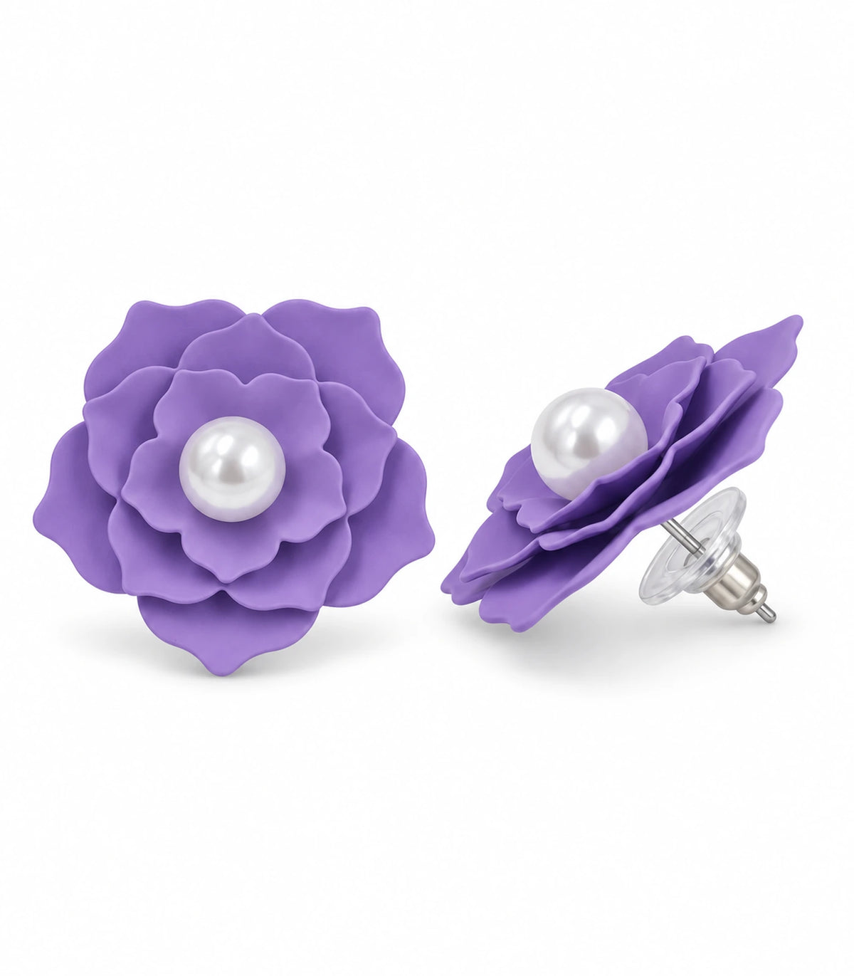 JIMIKI Layered Flower Pearl Stud Earrings, Purple — pair on white background #color_purple