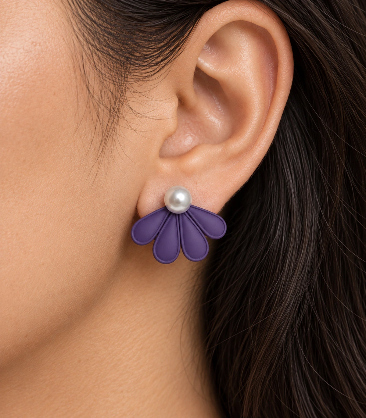 JIMIKI Purple pearl fan petal stud earrings, worn closeup of four petals and pearl-style bead #color_purple