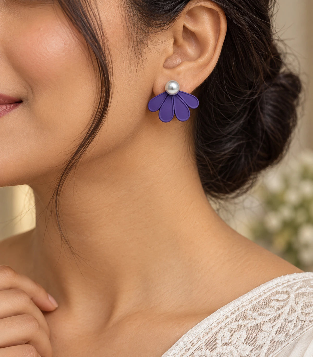 JIMIKI Purple pearl fan petal stud earrings, styled worn editorial view #color_purple