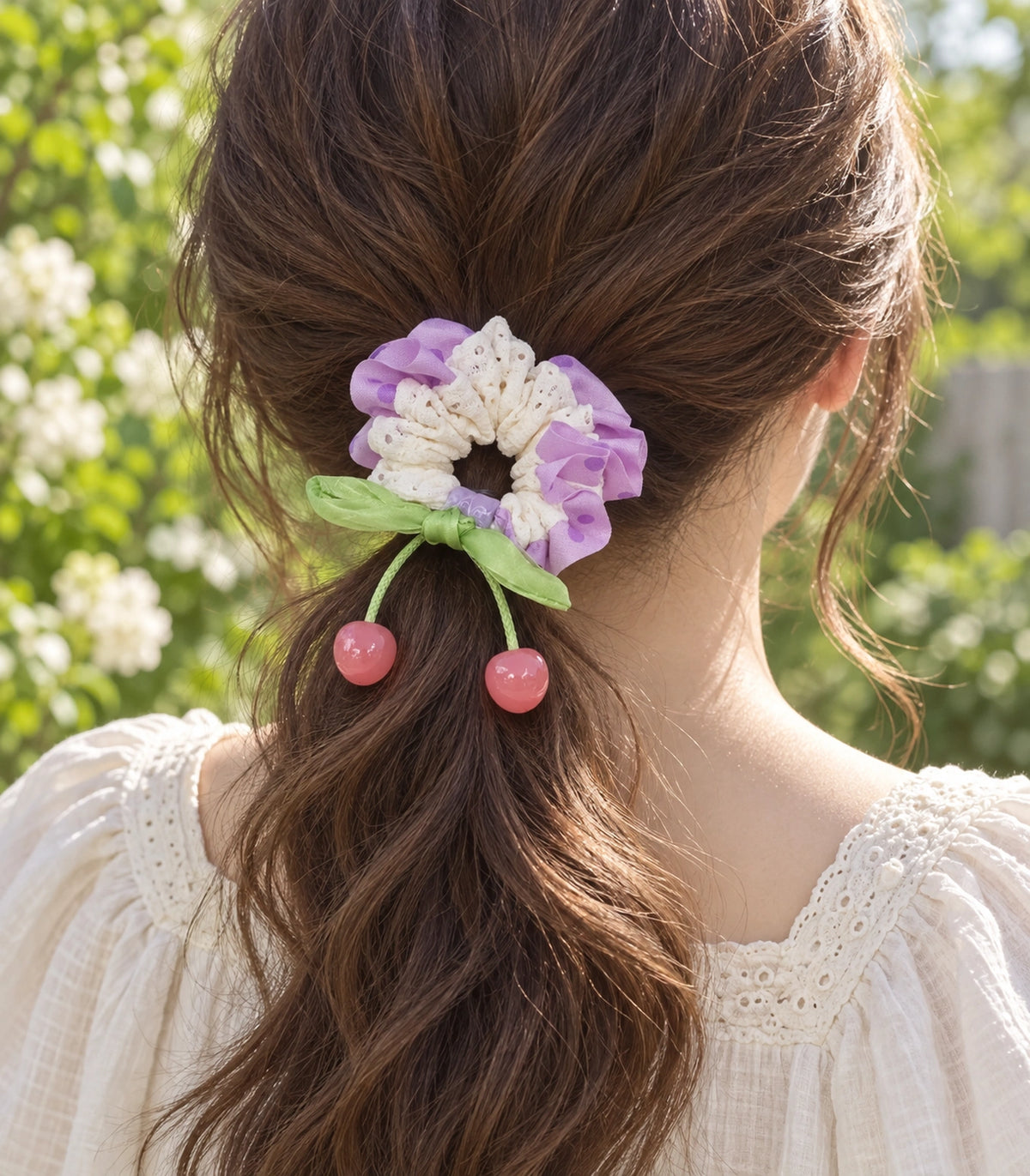 JIMIKI Polka Dot Lace Scrunchie With Cherry Charms in Purple, editorial model view #color_purple