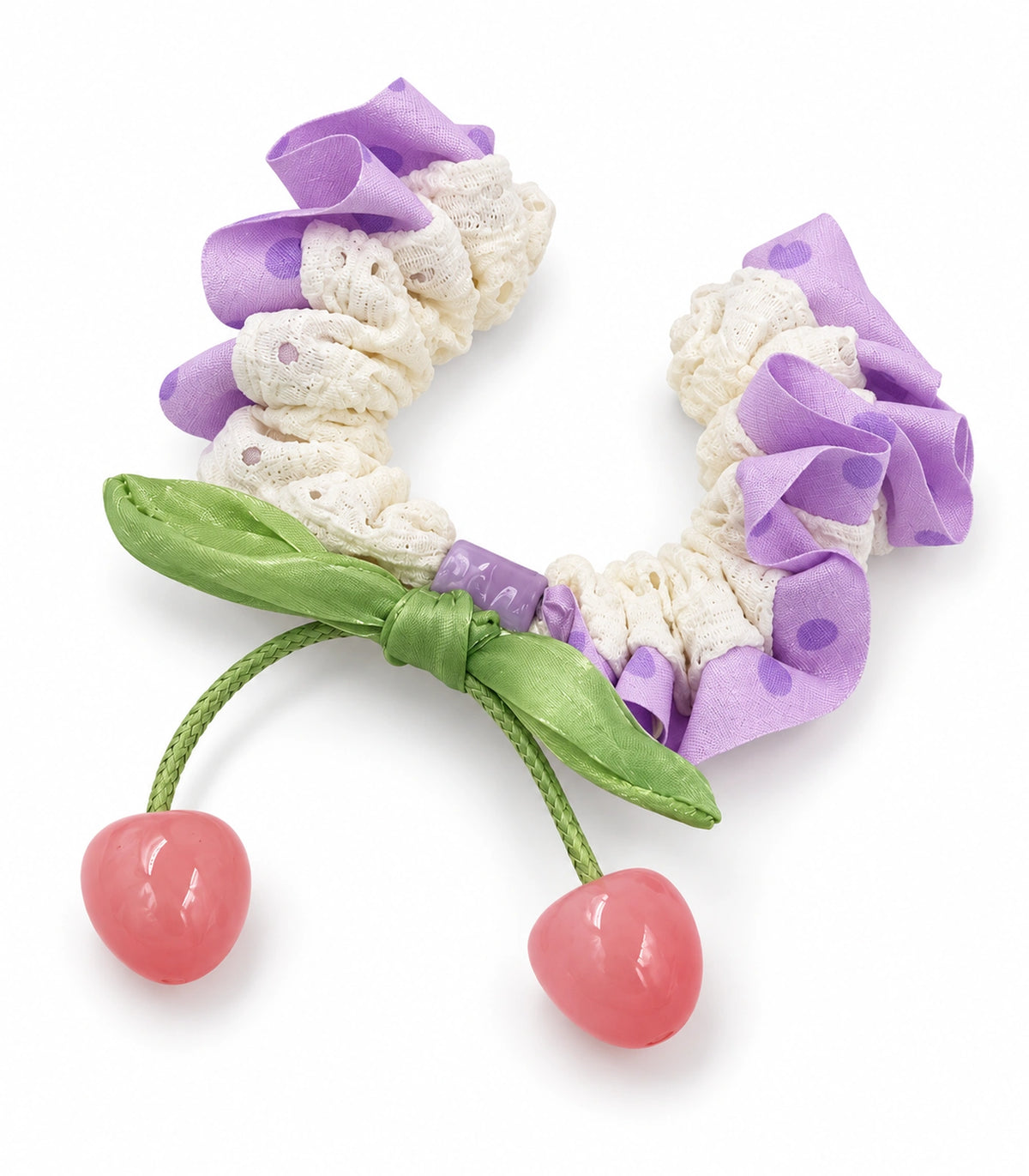 JIMIKI Polka Dot Lace Scrunchie With Cherry Charms in Purple, white background product view #color_purple