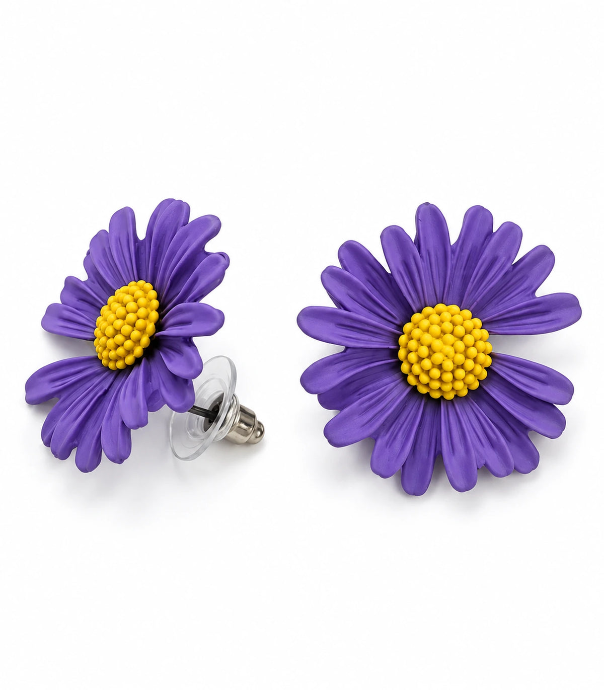 JIMIKI Purple yellow centre daisy stud earrings, matching pair on a white background #color_purple