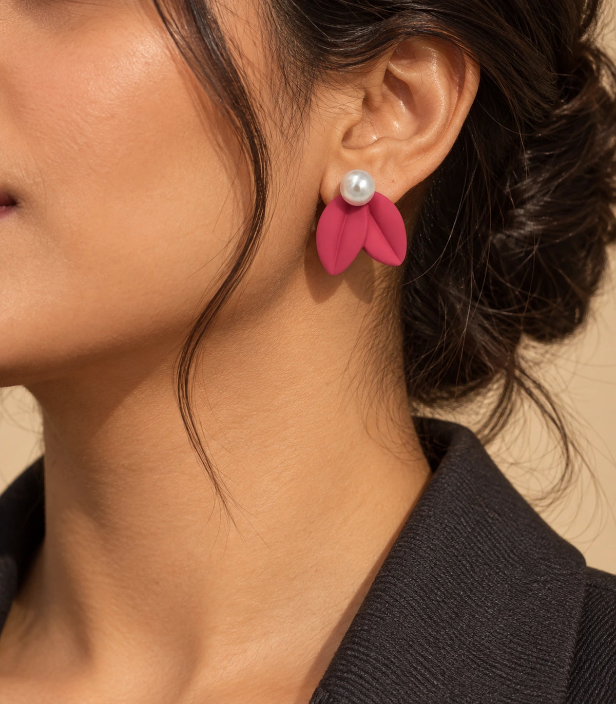 JIMIKI Double Leaf Pearl Stud Earrings in Raspberry Pink — earrings styled with an outfit #color_raspberry pink