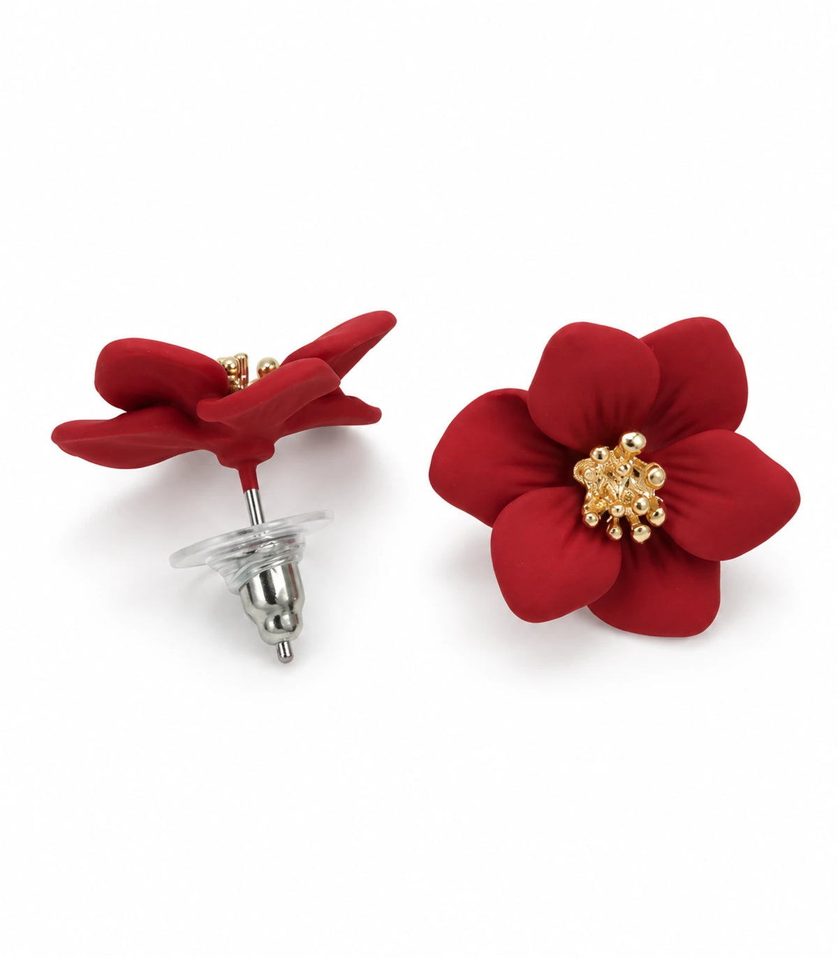 JIMIKI Red compact six petal flower stud earrings, matching pair on white background #color_red
