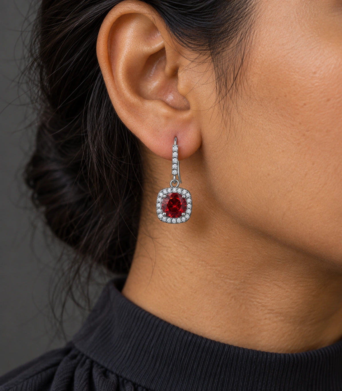 JIMIKI Crystal Cushion Halo Hook Earring Pair in Silver tone / red, close-up detail #color_silver tone / red