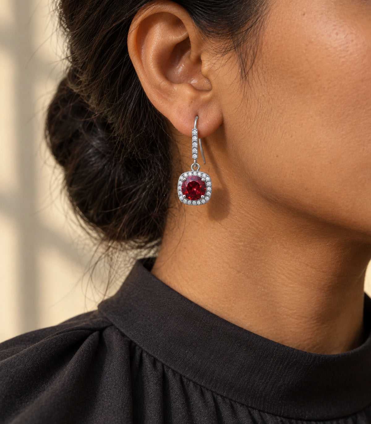 JIMIKI Crystal Cushion Halo Hook Earring Pair in Silver tone / red, editorial model view #color_silver tone / red