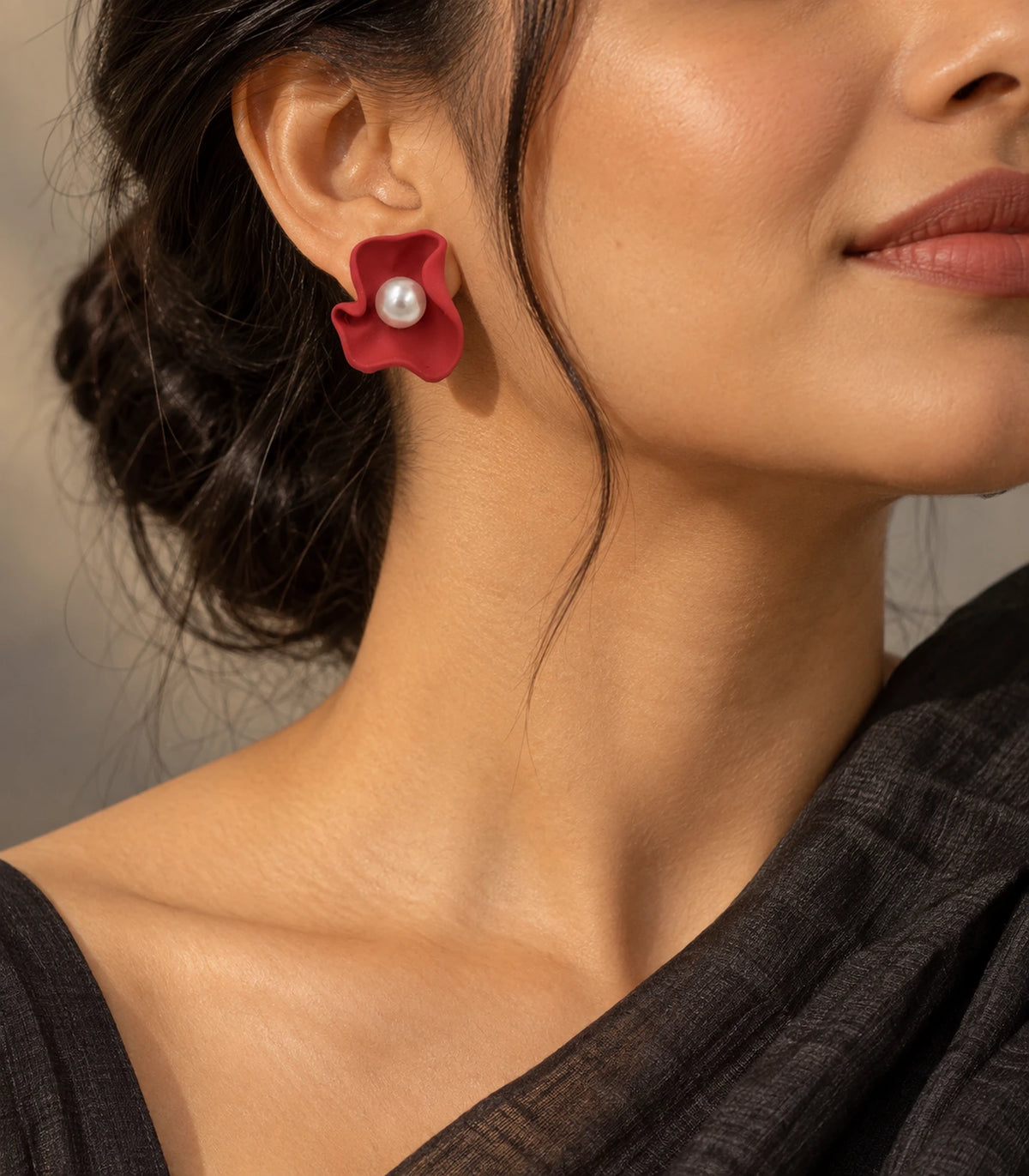 JIMIKI Folded Calla Pearl Stud Earrings, Red — earrings styled with an outfit #color_red