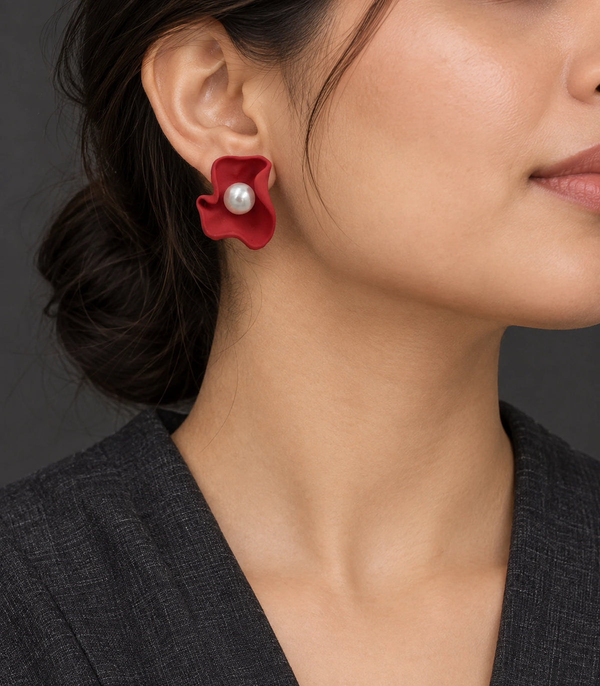JIMIKI Folded Calla Pearl Stud Earrings, Red — worn on the ear #color_red