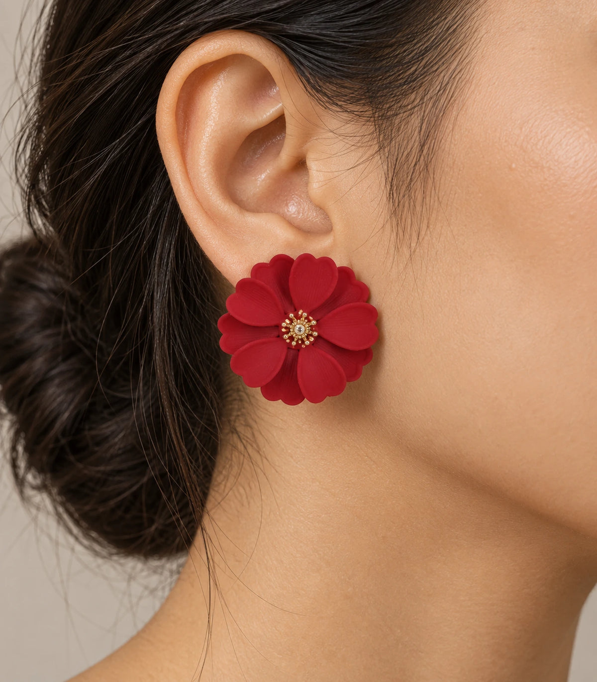 JIMIKI Red Layered Daisy Stud Earrings - earring worn on model #color_red