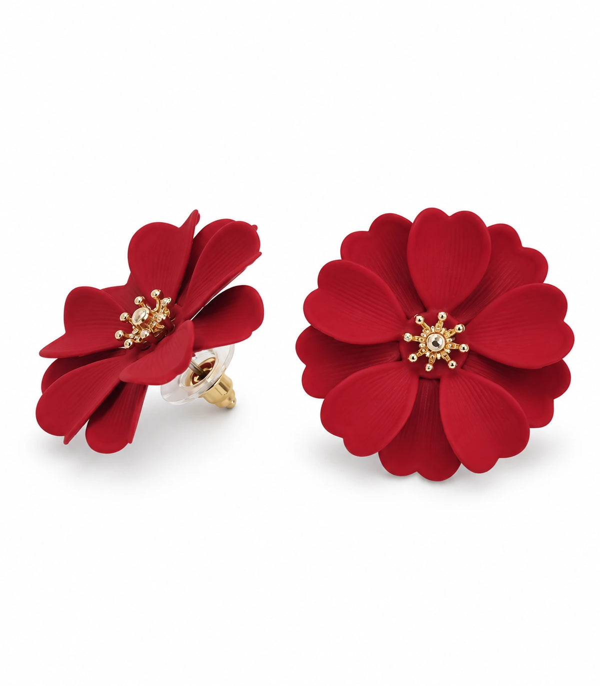JIMIKI Red Layered Daisy Stud Earrings - pair on white background #color_red
