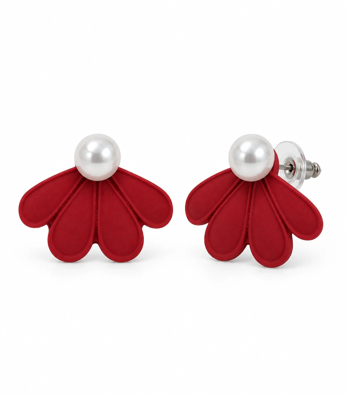 JIMIKI Red pearl fan petal stud earrings, pair on a white background #color_red