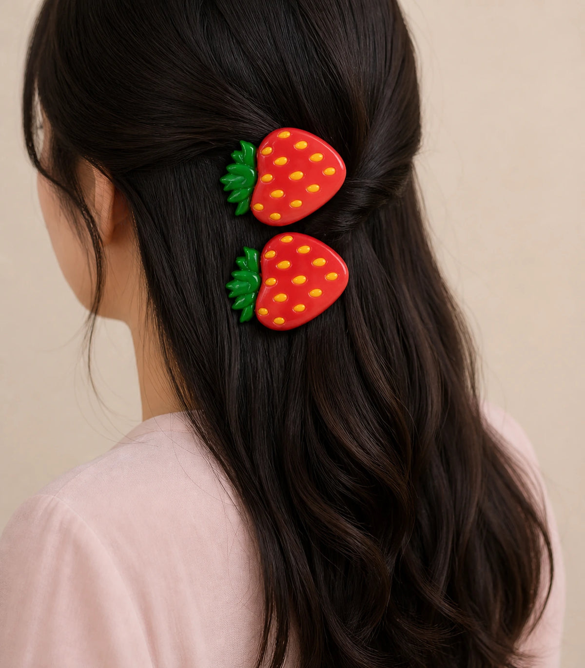 Editorial model view of the Red Strawberry Clip Pair