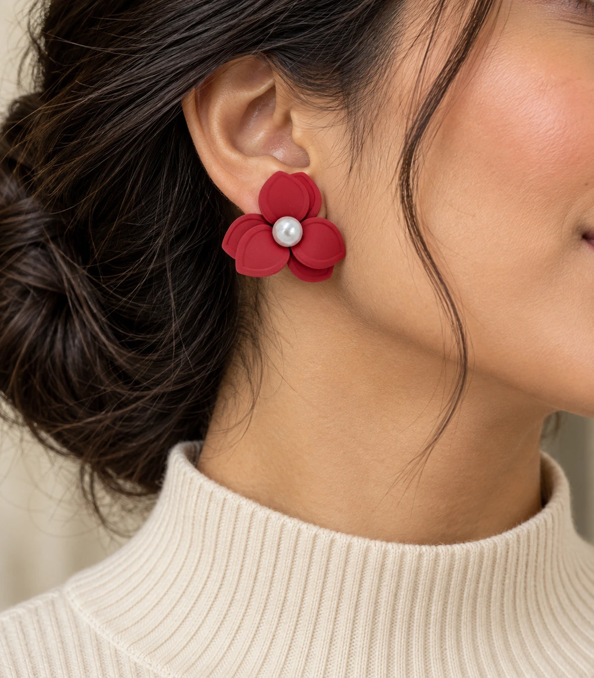 JIMIKI Red Triple Petal Pearl Flower Stud Earrings - earring worn in editorial styling #color_red