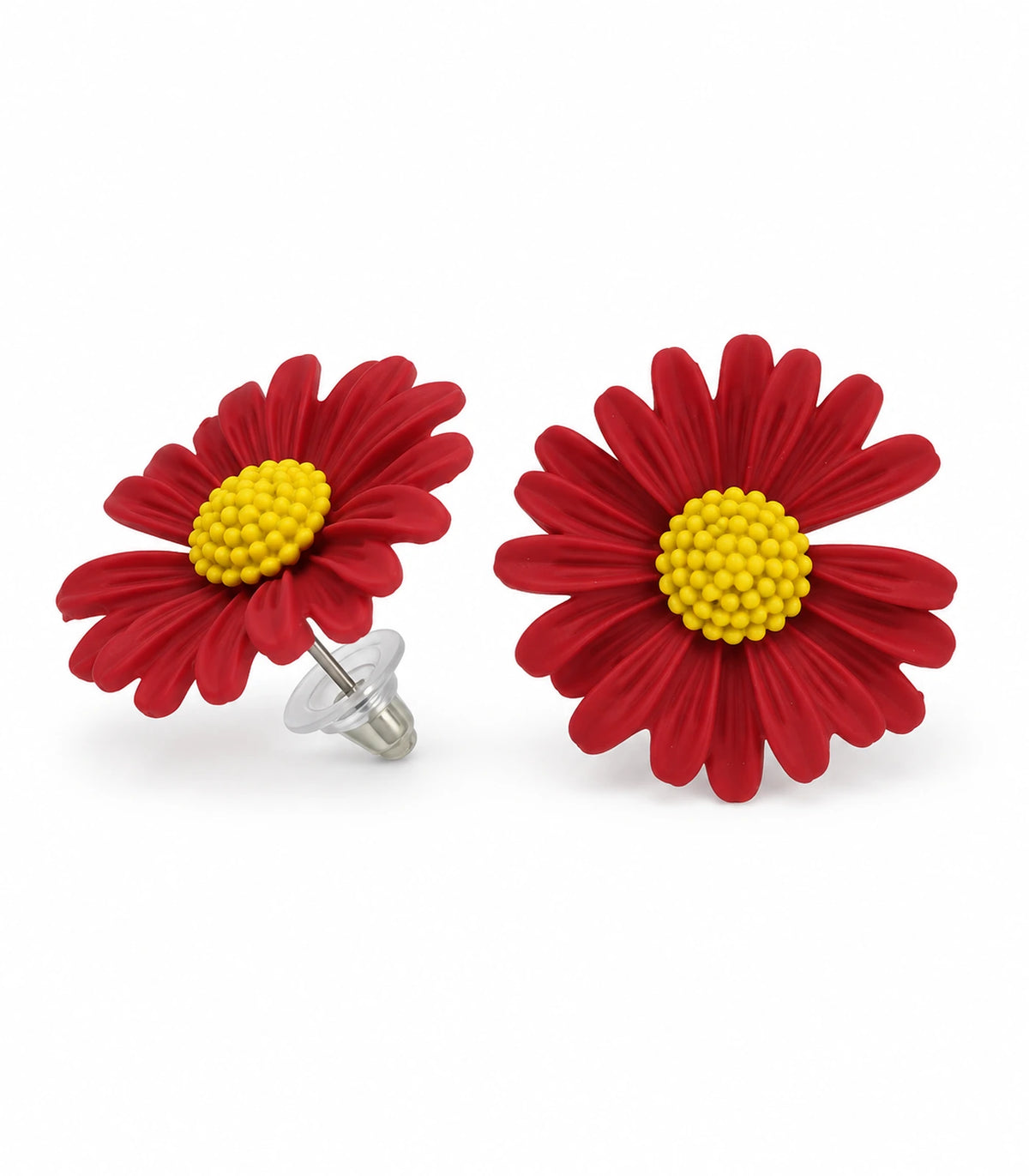 JIMIKI Red yellow centre daisy stud earrings, matching pair on a white background #color_red