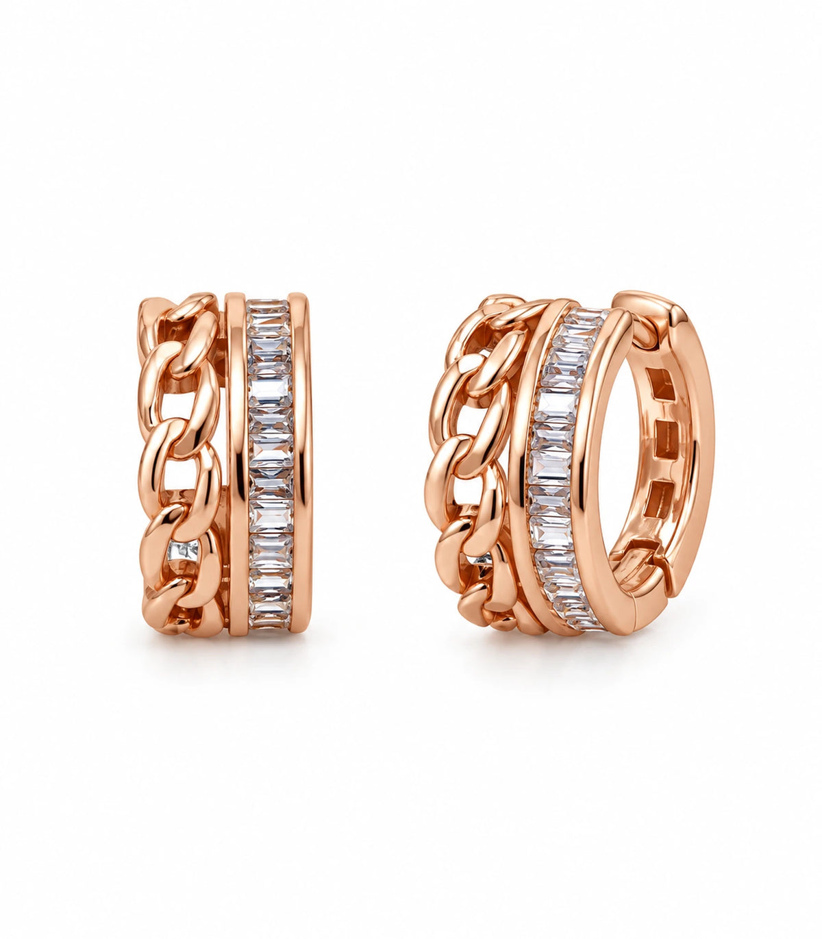 JIMIKI rose gold baguette chain double row huggie earrings, matching pair on white background #color_rose-gold-tone
