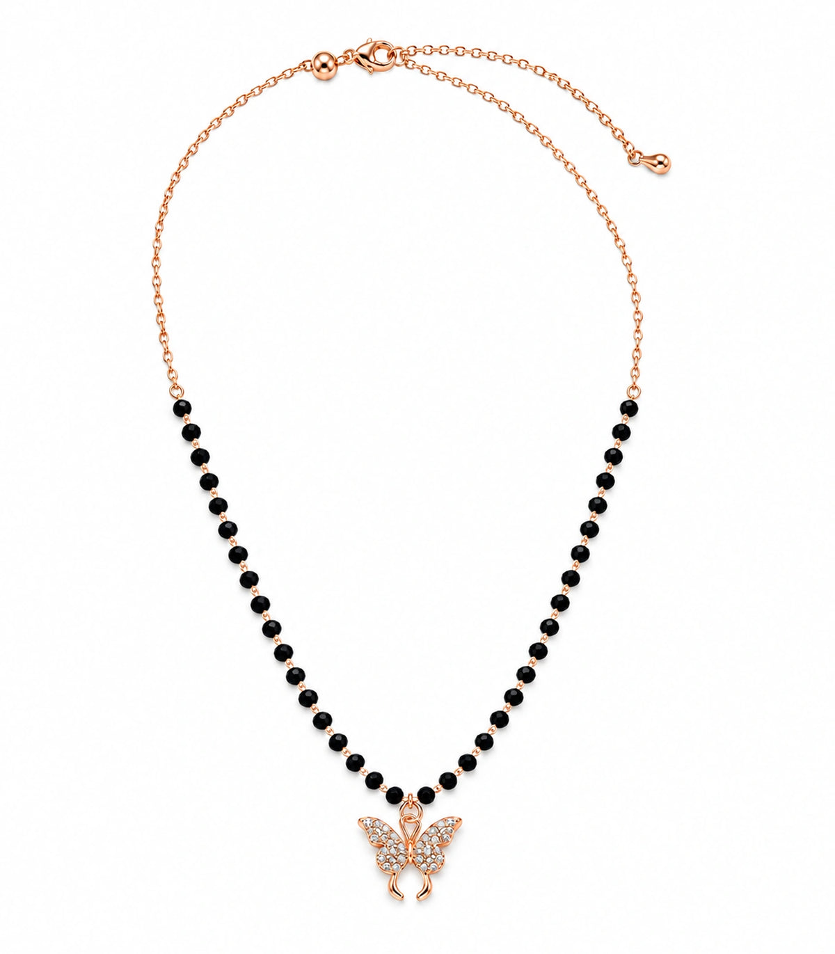 JIMIKI Rose-Gold Black-Bead Crystal Butterfly Necklace in Rose Gold / Black - necklace on white #color_rose-gold-black