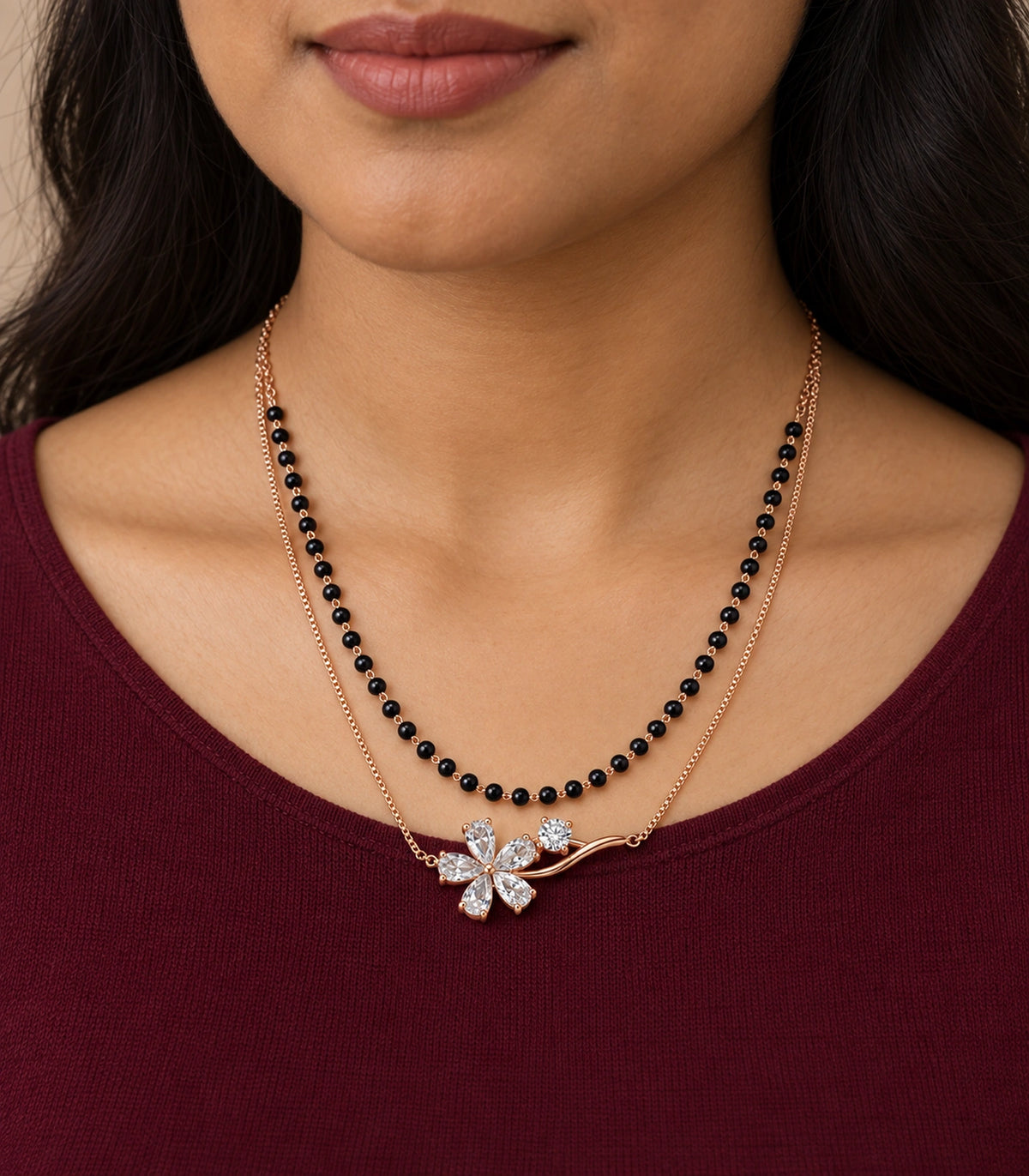 JIMIKI Rose-Gold Black-Bead Crystal-Flower Layered Necklace in Rose Gold / Black - close-up details #color_rose-gold-black