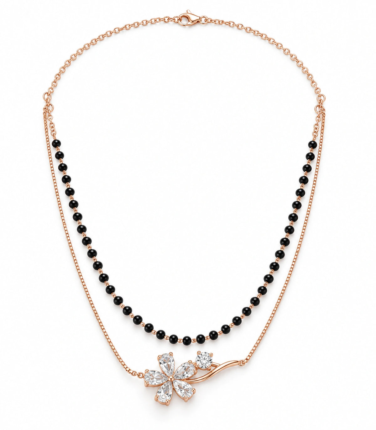 JIMIKI Rose-Gold Black-Bead Crystal-Flower Layered Necklace in Rose Gold / Black - necklace on white #color_rose-gold-black