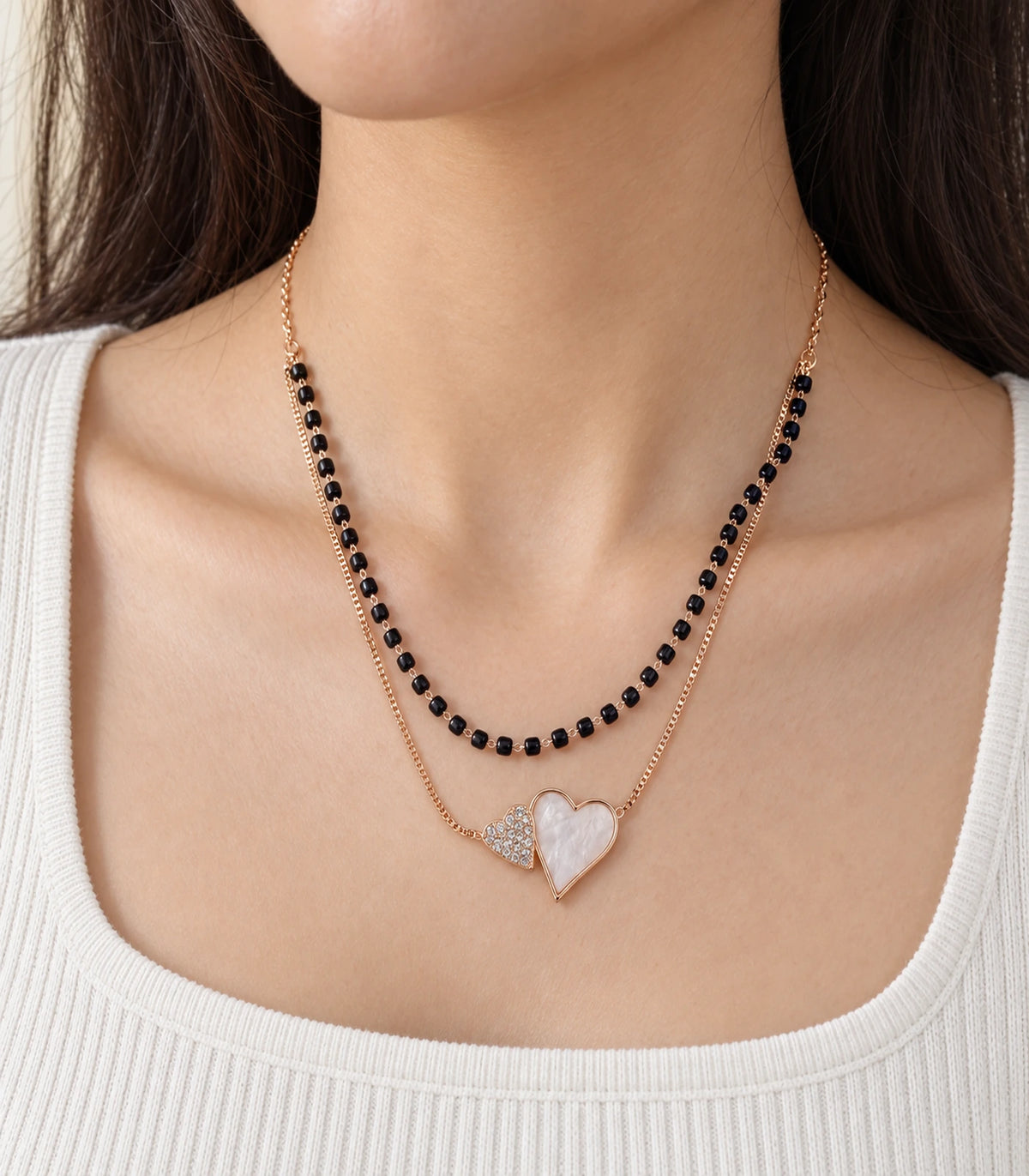 Rose Gold Black Bead Nacre Heart Layered Necklace – closeup
