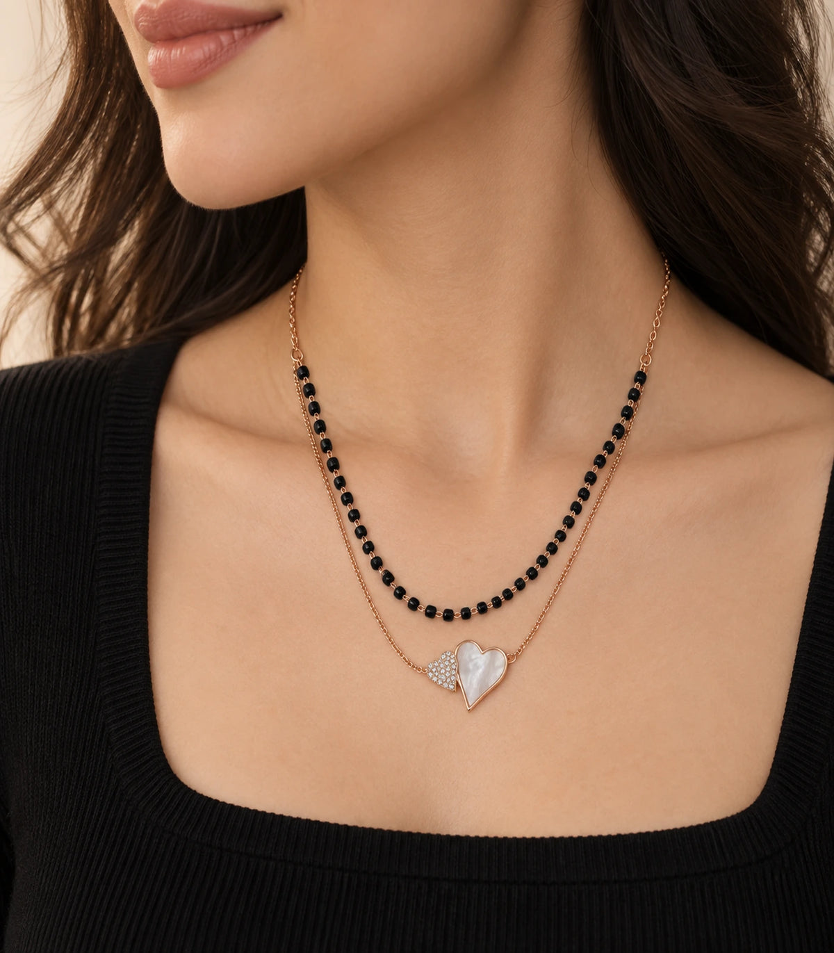 Rose Gold Black Bead Nacre Heart Layered Necklace – editorial model