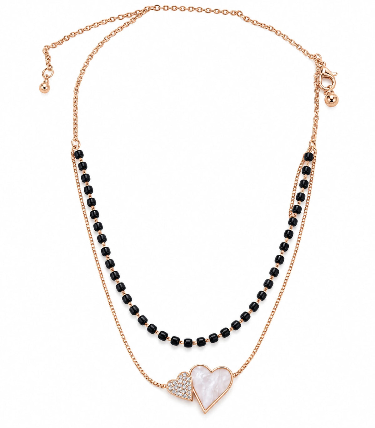 Rose Gold Black Bead Nacre Heart Layered Necklace – white background