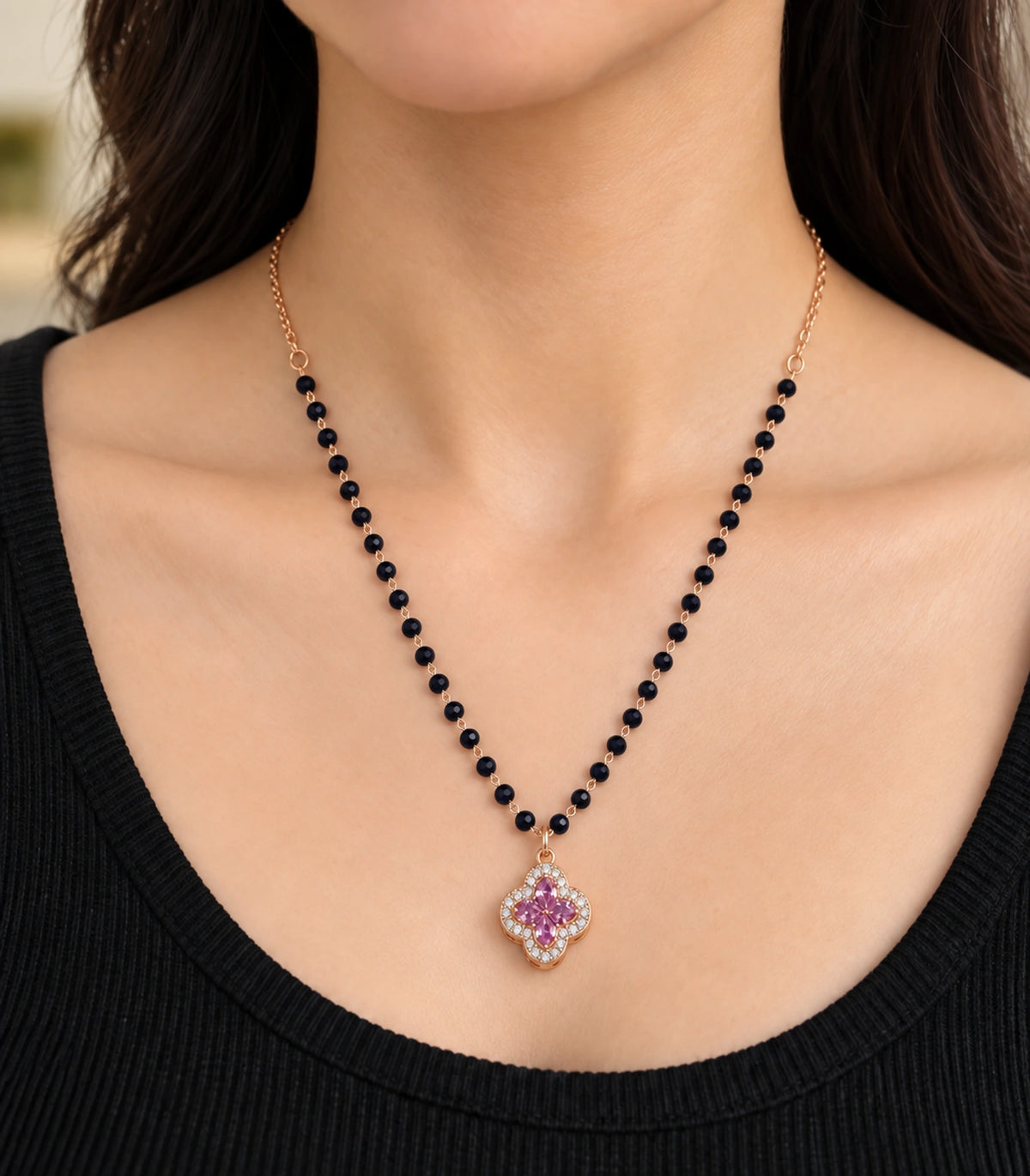Rose Gold Black Bead Pink Quatrefoil Pendant Necklace – closeup