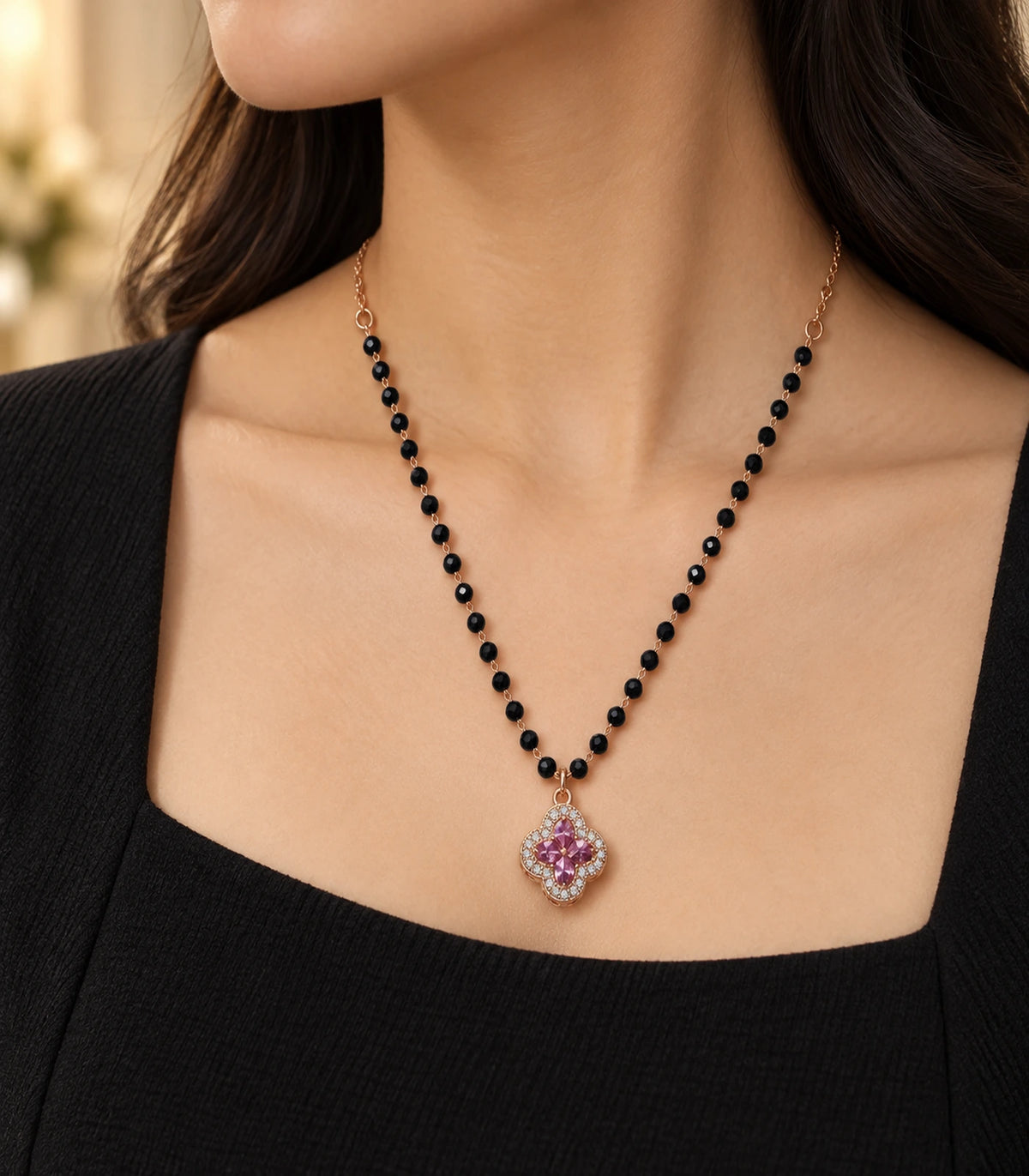 Rose Gold Black Bead Pink Quatrefoil Pendant Necklace – editorial model