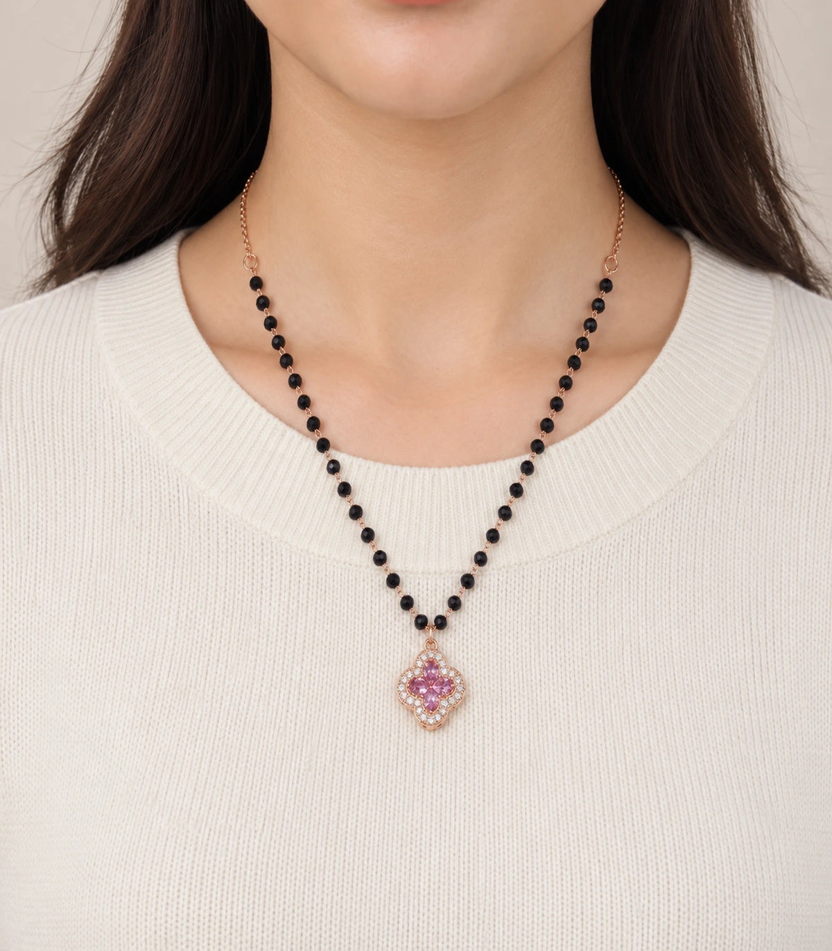Rose Gold Black Bead Pink Quatrefoil Pendant Necklace – model