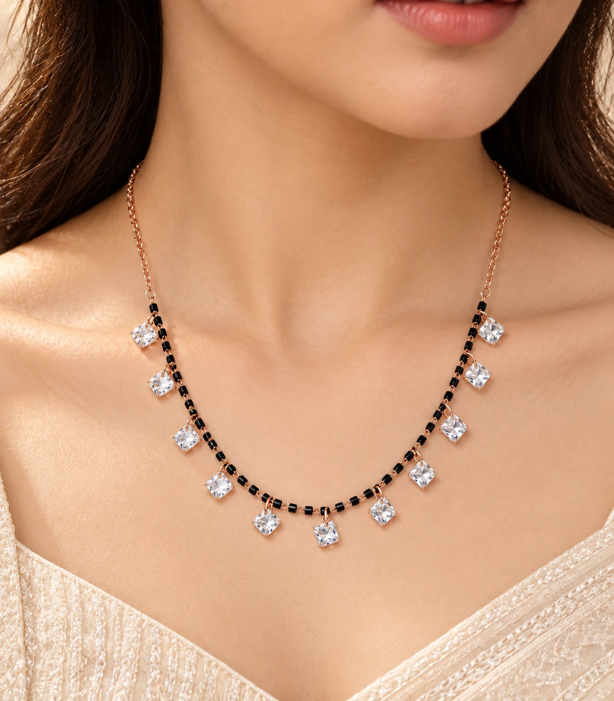 Rose Gold Black Bead Square Crystal Charm Necklace – closeup