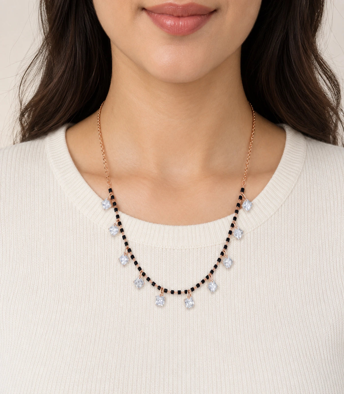 Rose Gold Black Bead Square Crystal Charm Necklace – model