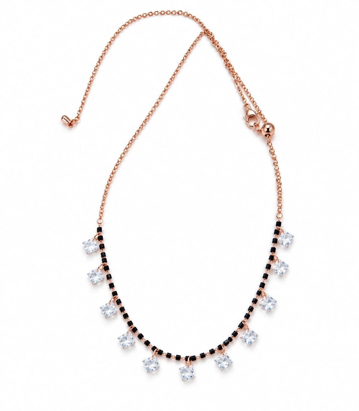 Rose Gold Black Bead Square Crystal Charm Necklace – white background