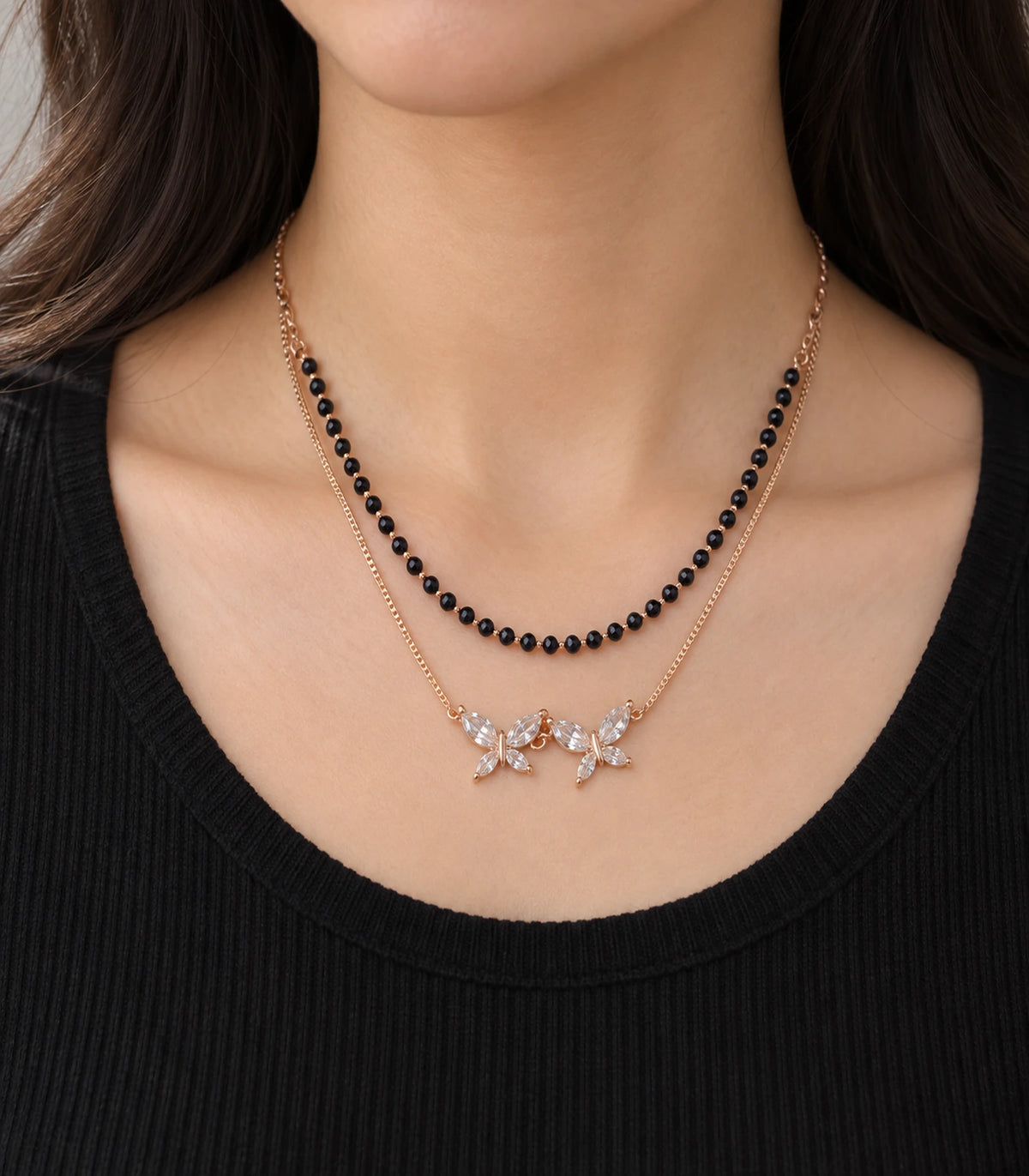 Rose Gold Black Bead Twin Butterfly Layered Necklace – closeup