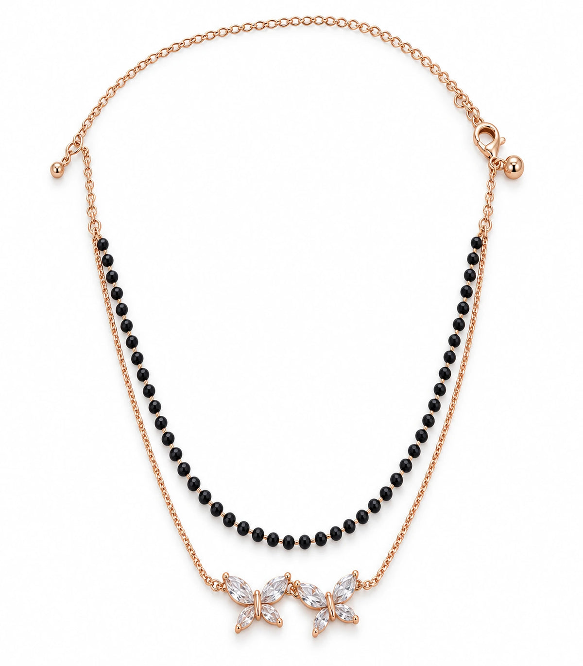 Rose Gold Black Bead Twin Butterfly Layered Necklace – white background