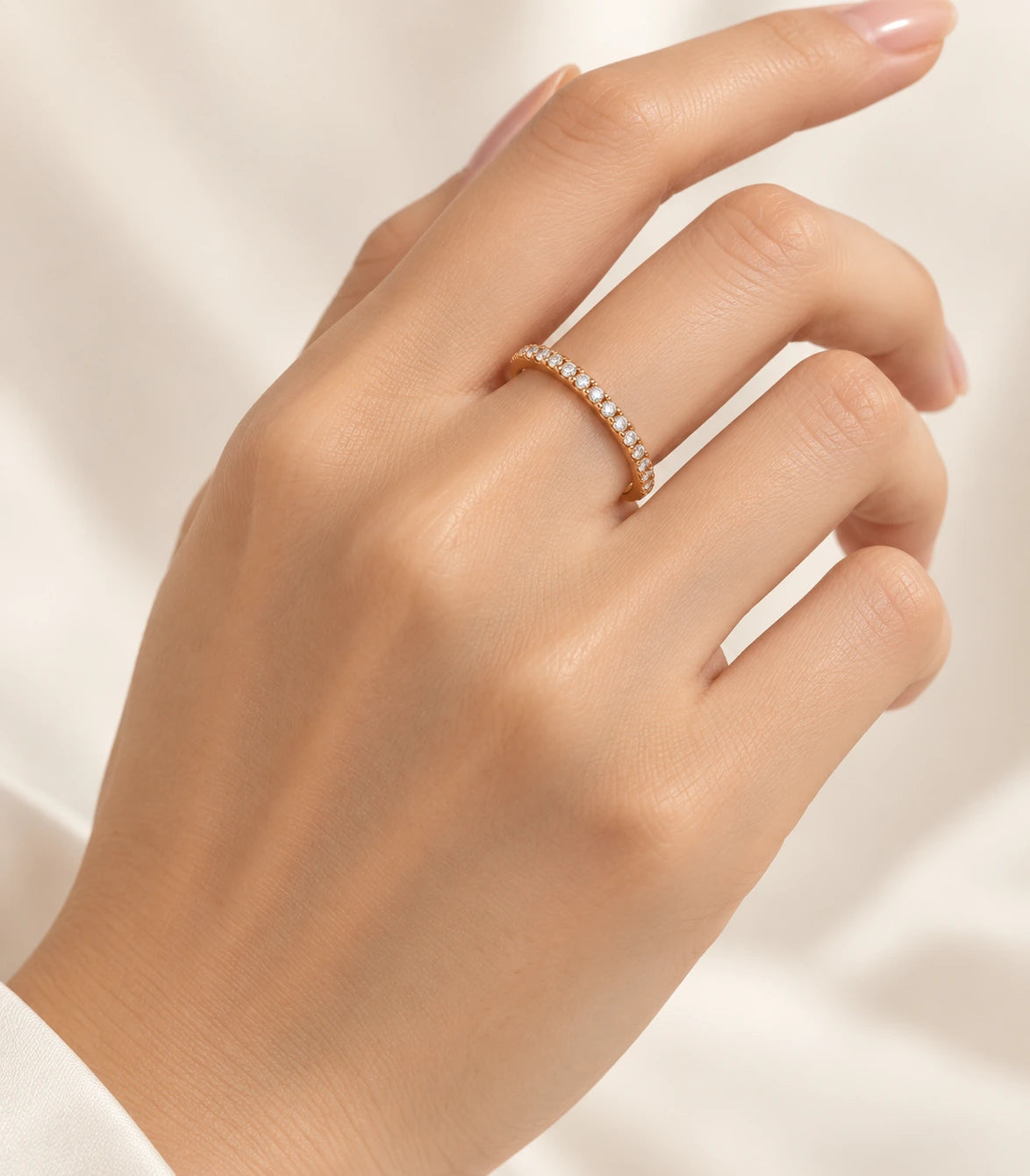 JIMIKI Rose Gold Curved Crystal Row Adjustable Ring in Rose Gold - worn styling view #color_rose-gold