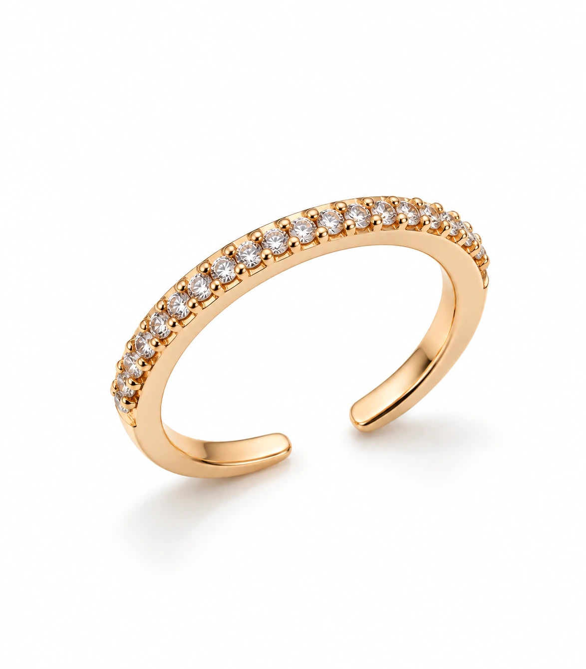 JIMIKI Rose Gold Curved Crystal Row Adjustable Ring in Rose Gold - ring on white #color_rose-gold