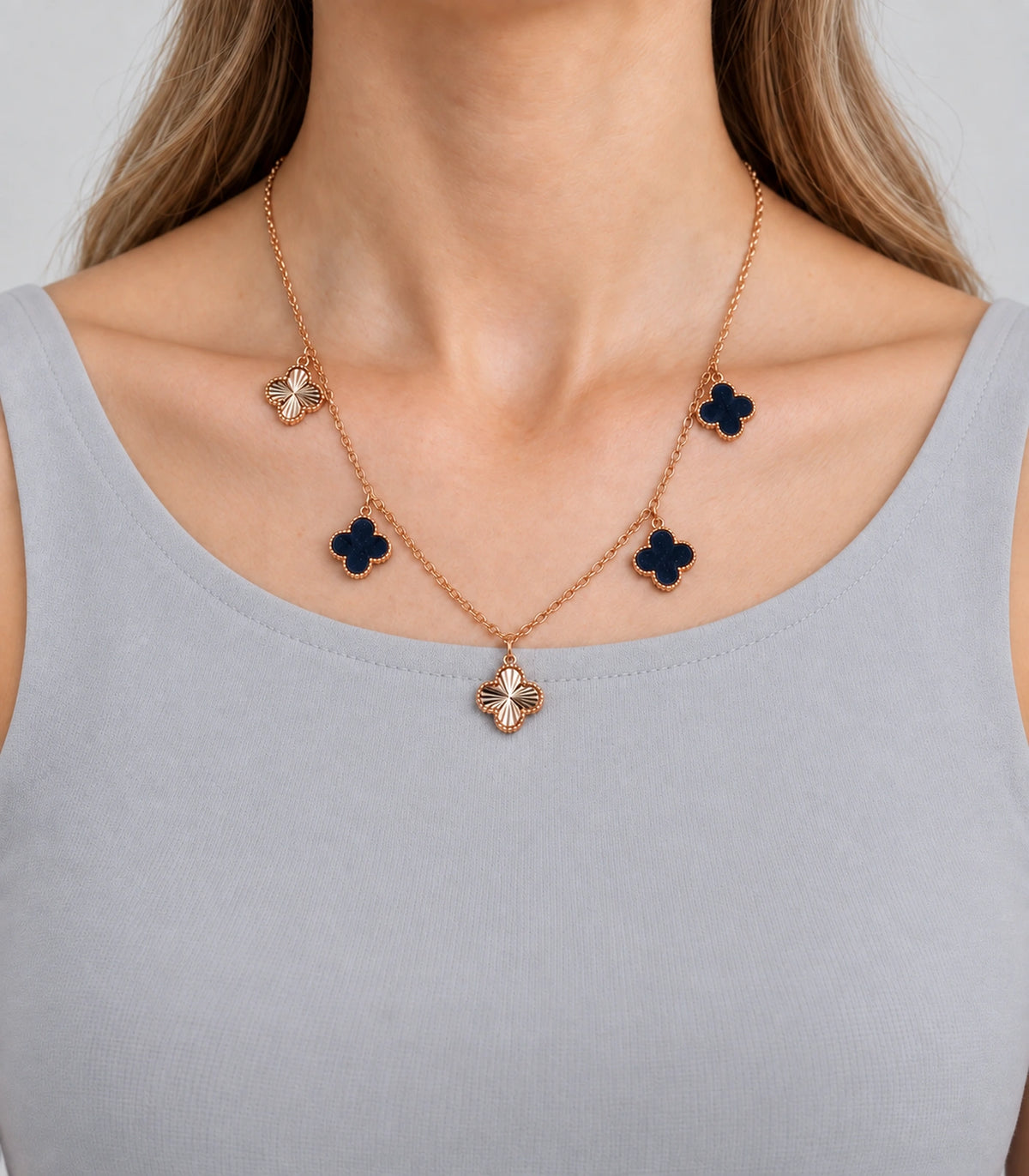 JIMIKI Rose Gold Dark Clover Charm Necklace in Rose Gold - worn styling view #color_rose-gold
