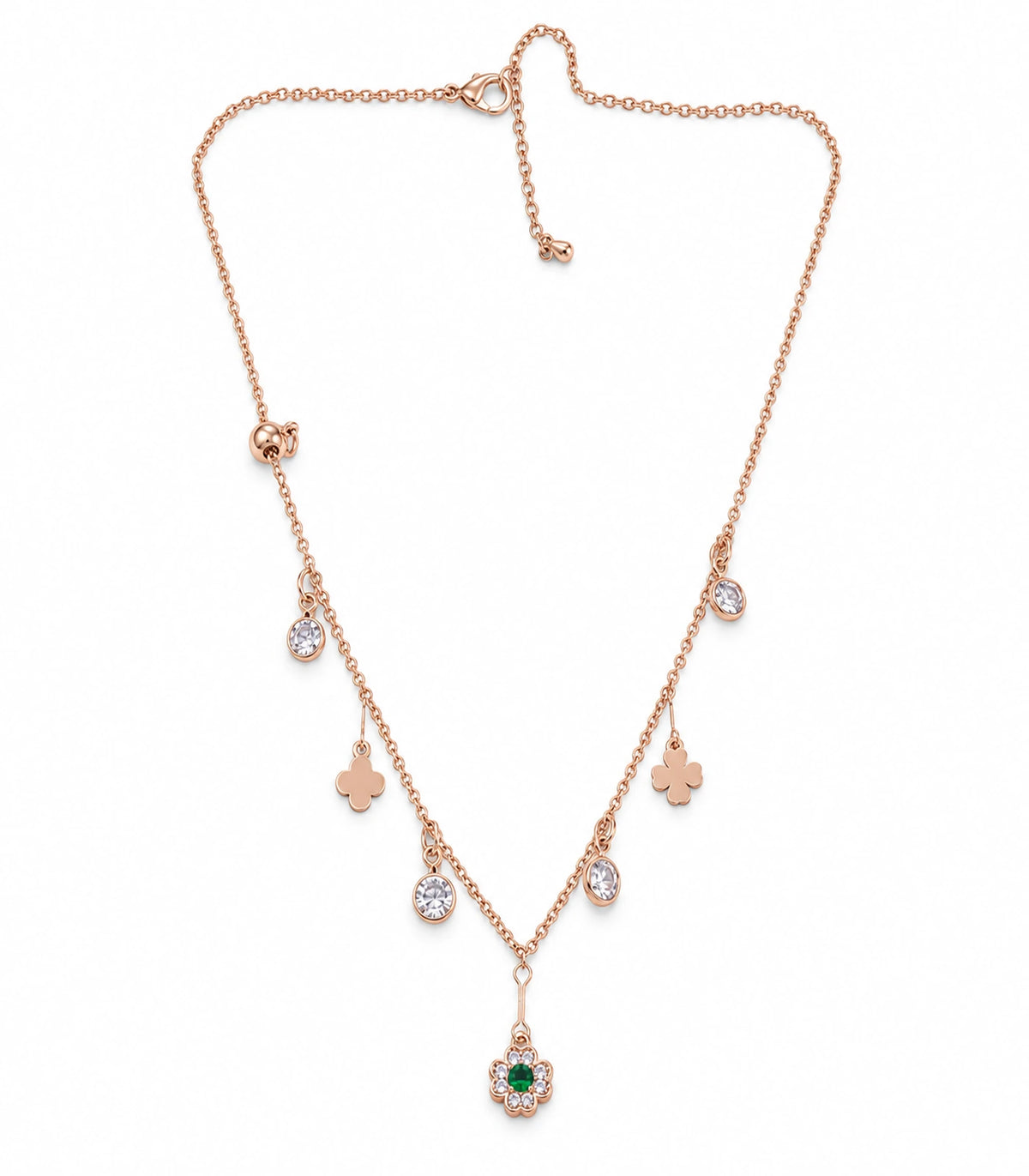 JIMIKI Rose Gold green flower and clover charm necklace, complete necklace on white showing the green-centred floral drop #color_rose gold