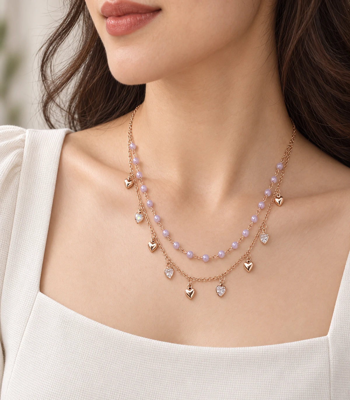 JIMIKI Rose Gold Lavender Bead Heart Charm Layered Necklace - layered necklace in a styled model view #color_rose-gold