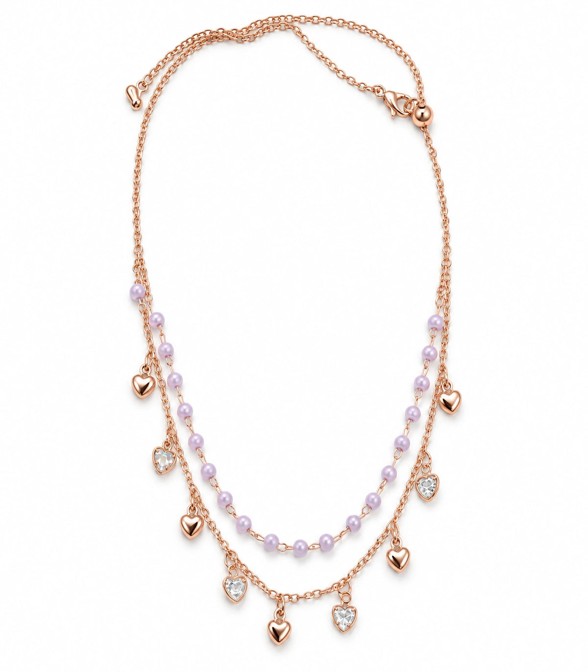 JIMIKI Rose Gold Lavender Bead Heart Charm Layered Necklace - complete necklace on white background #color_rose-gold