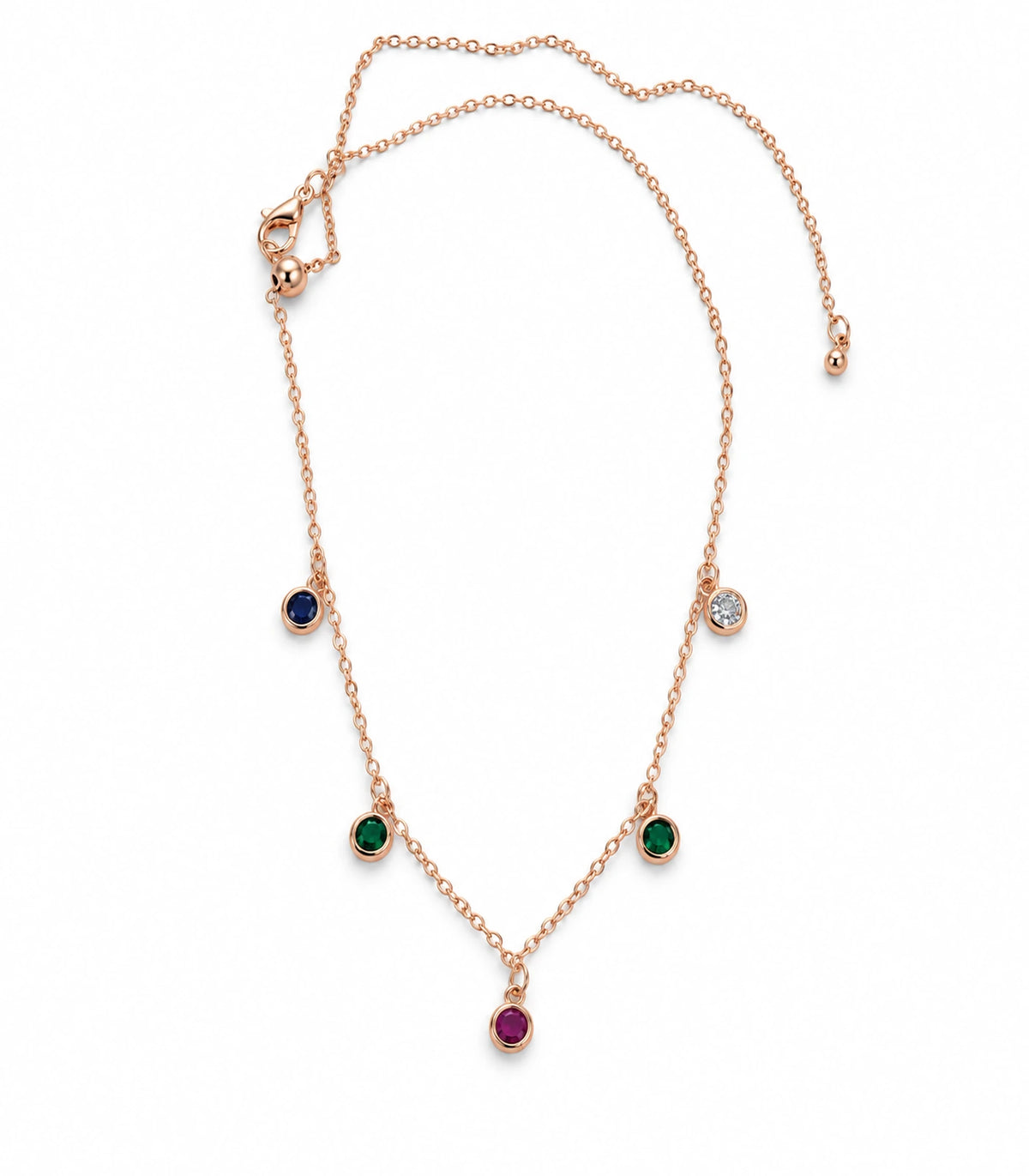 JIMIKI Rose Gold Multicolor Five-Stone Station Necklace, complete necklace on white showing all five coloured round drops #color_multicolour