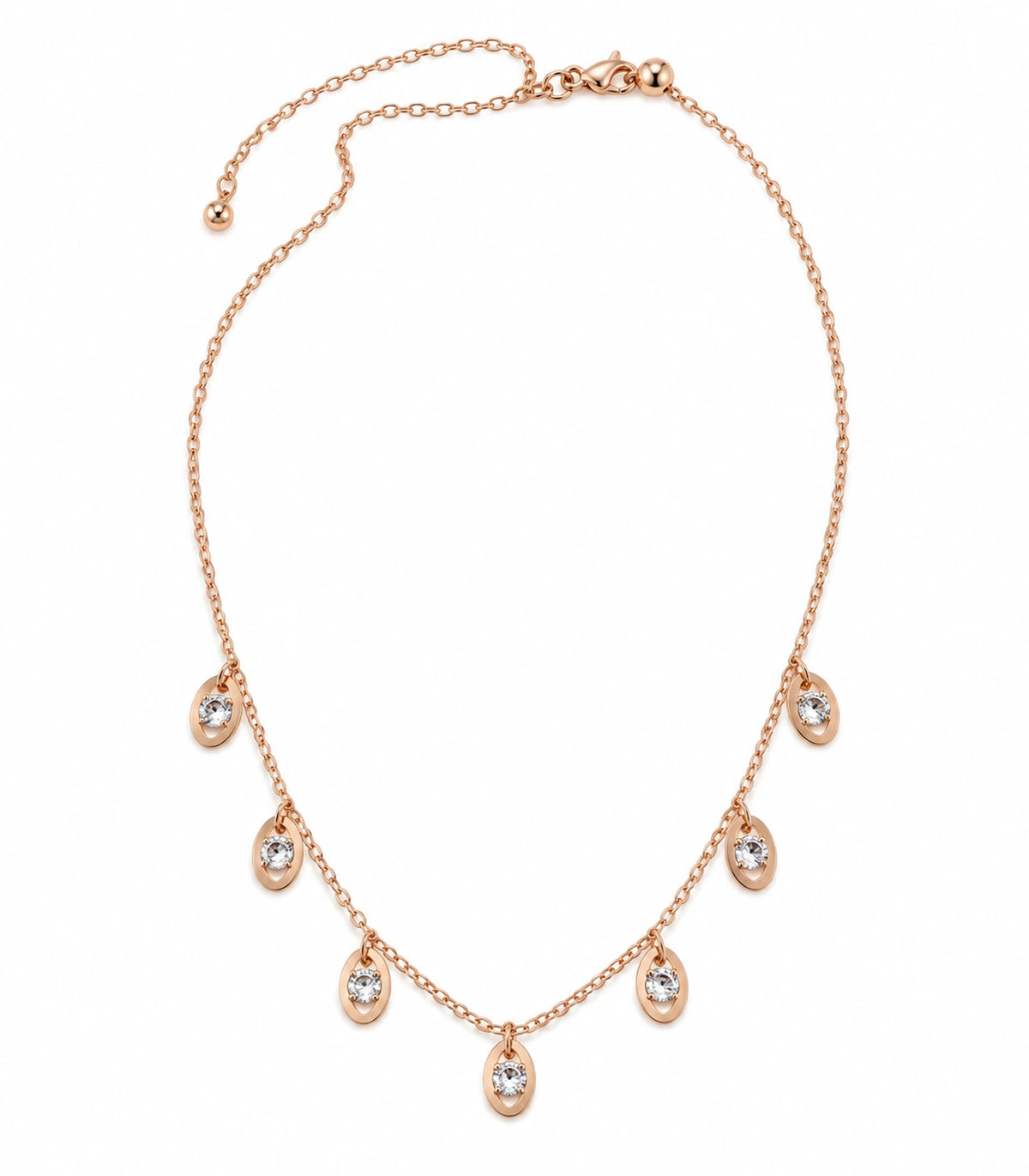 JIMIKI Rose Gold Oval Crystal Charm Necklace in Rose Gold - necklace on white #color_rose-gold