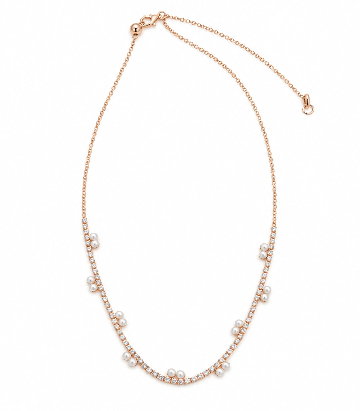 JIMIKI Rose Gold Paired Pearl Crystal Tennis Necklace in Rose Gold - necklace on white #color_rose-gold